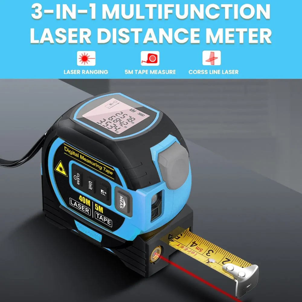 40m Laser Measure | Cross-Line Laser Level | 5m Tape Measure | Blue