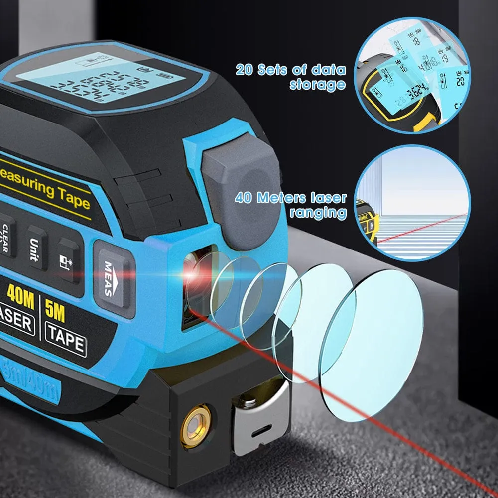 40m Laser Measure | Cross-Line Laser Level | 5m Tape Measure | Blue