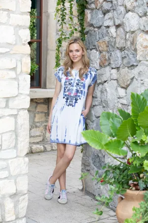 APNY Short Sleeve Indigo Tie-Dye Dress With Bird Embroidery
