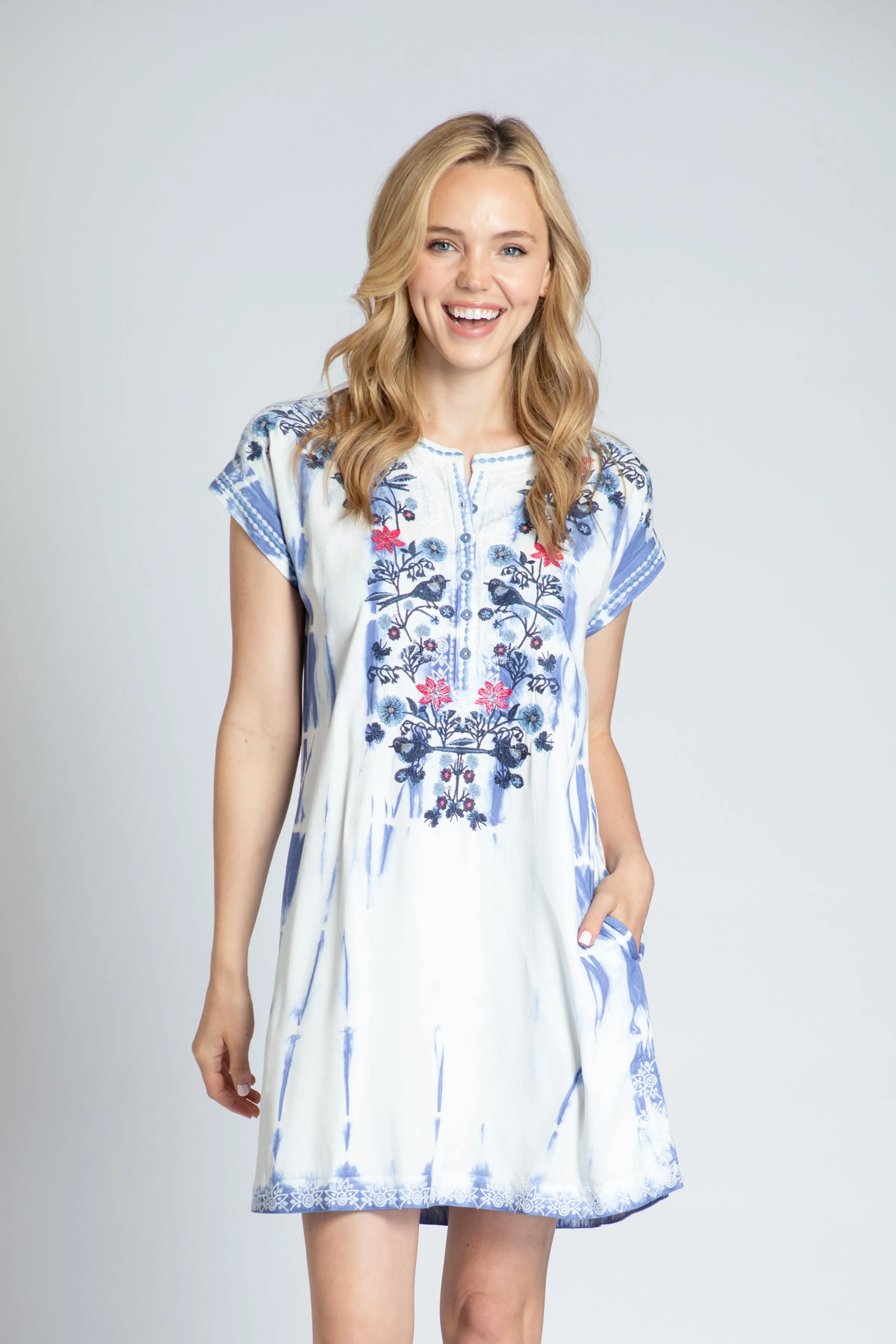APNY Short Sleeve Indigo Tie-Dye Dress With Bird Embroidery