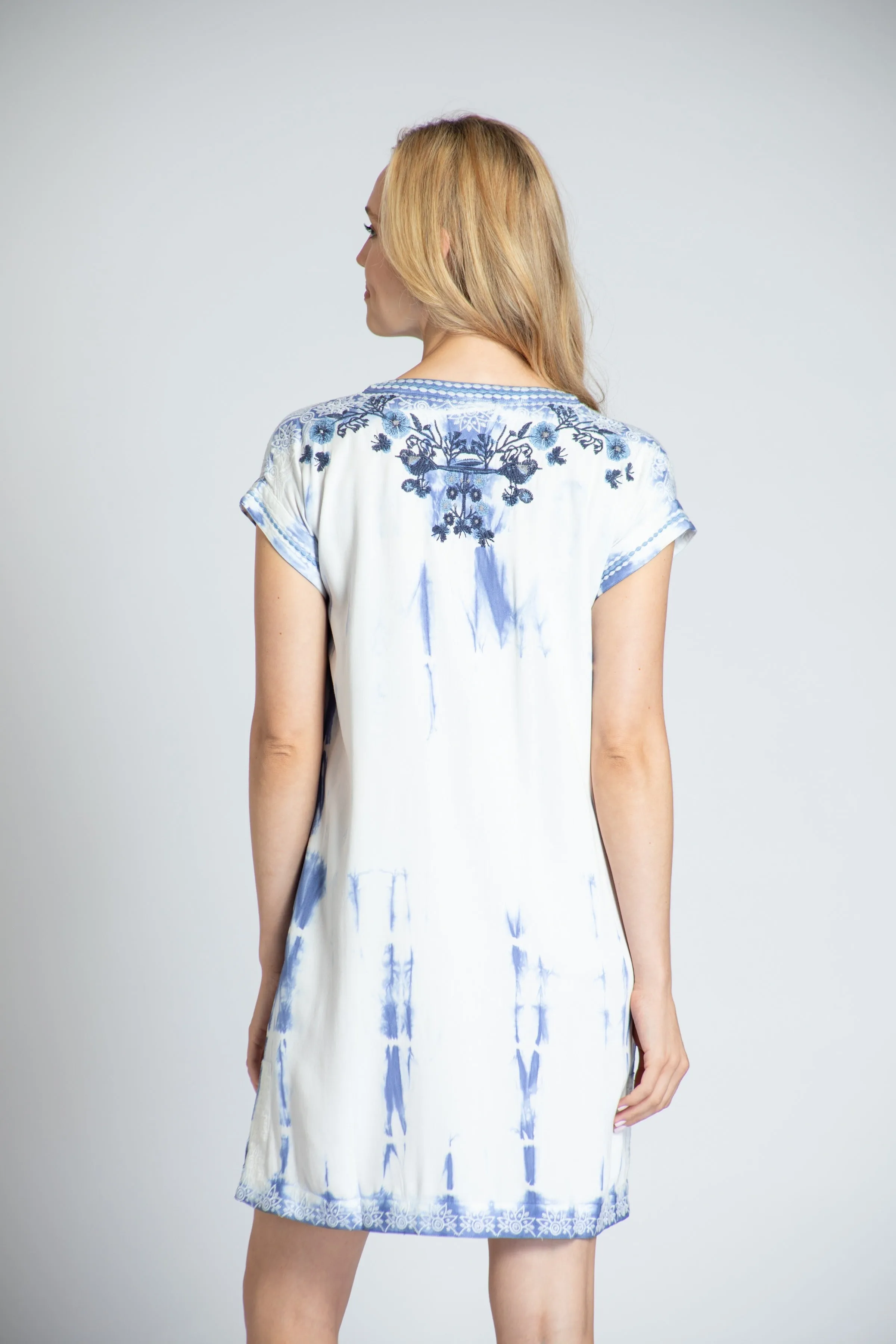 APNY Short Sleeve Indigo Tie-Dye Dress With Bird Embroidery