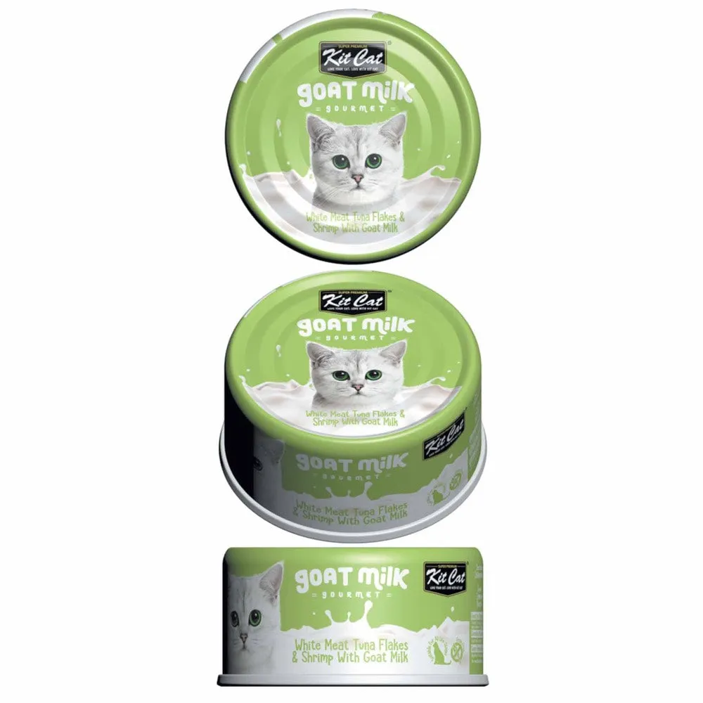 Kit Cat Goat Milk Gourmet White Meat Tuna Flakes & Shrimp Grain-Free Canned Cat Food 70g