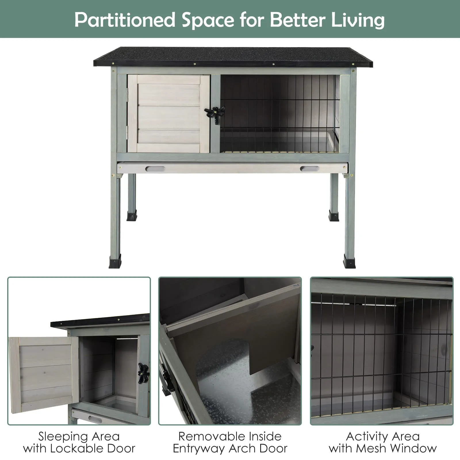 Tangkula Elevated Wood Rabbit Hutch (Grey)