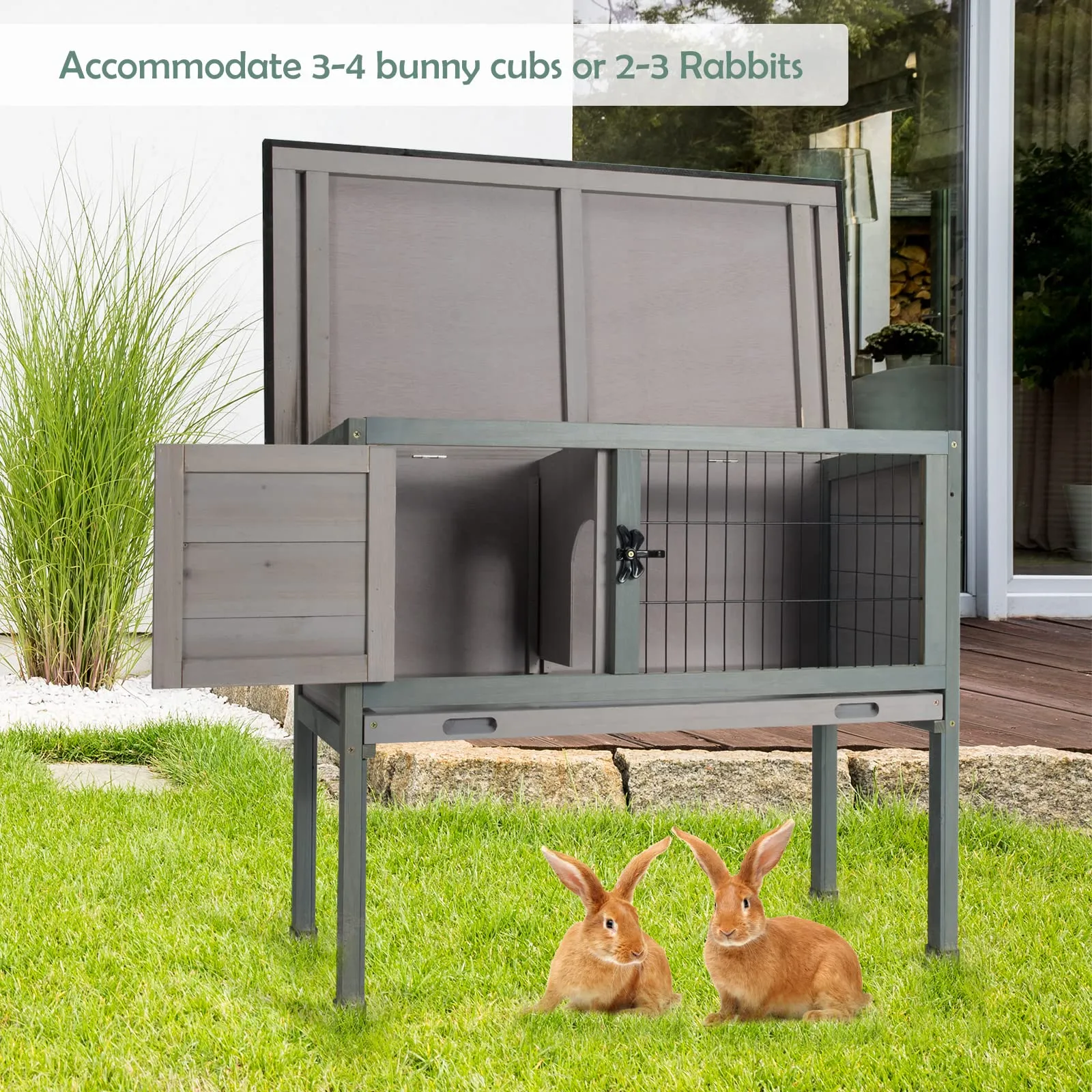 Tangkula Elevated Wood Rabbit Hutch (Grey)